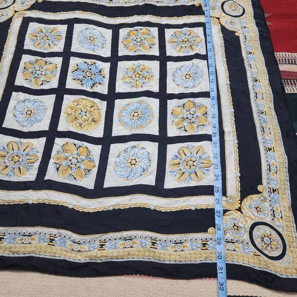 Vintage Handrolled Luxurious 100% Silk Scarf 32"x31" Black Gold Blue Made Italy